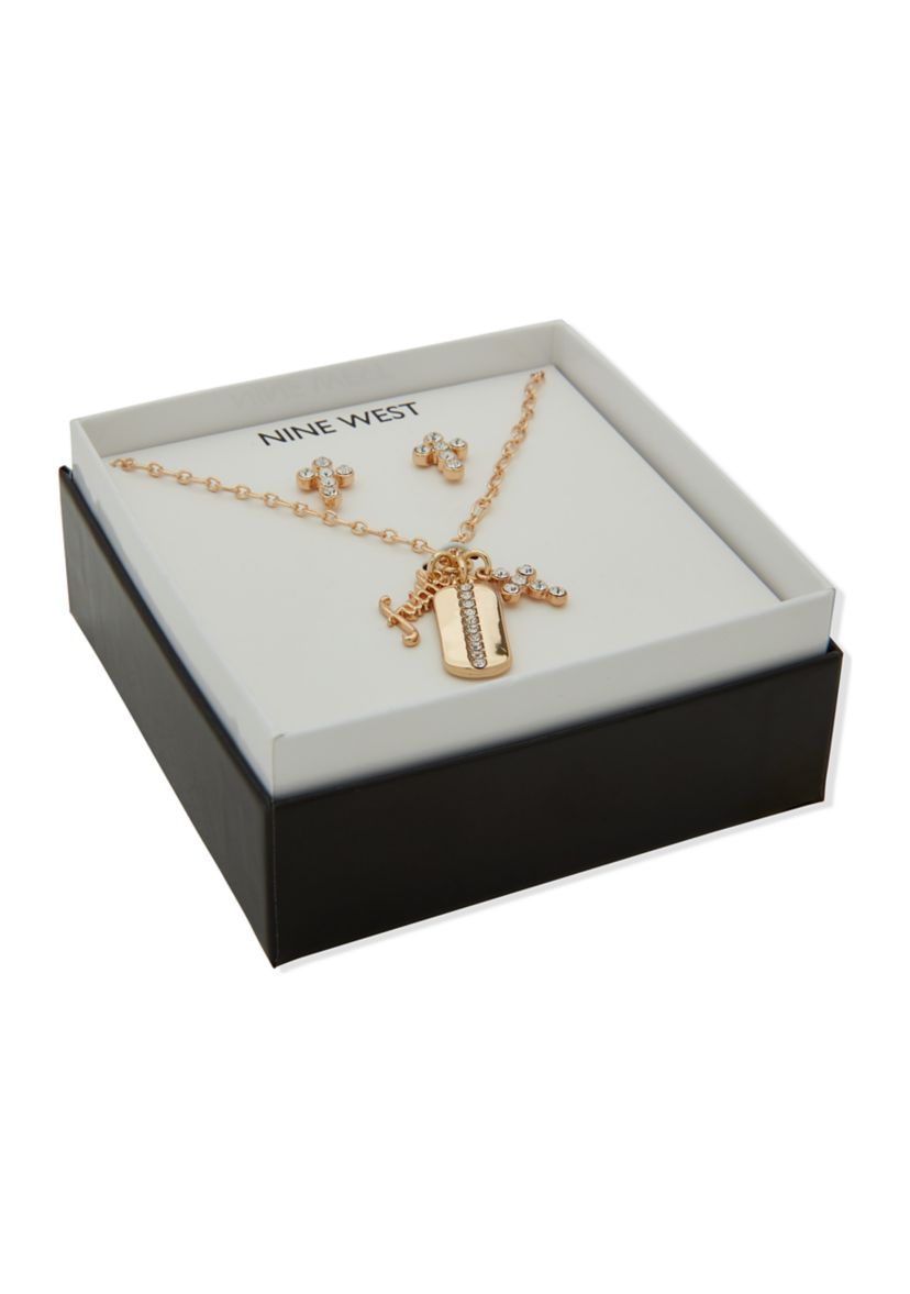 Gold Tone Crystal Dogtag Necklace and Earrings Set