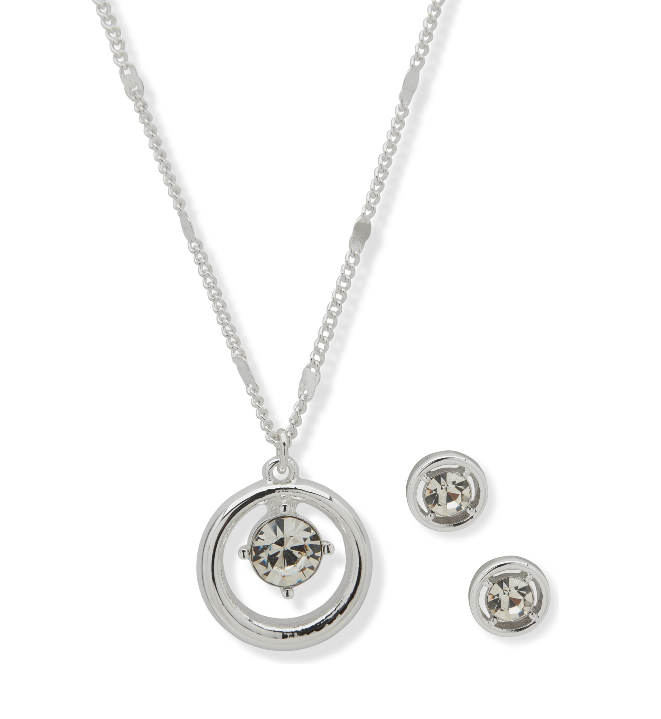 Silver Tone Crystal Floating Necklace and Earrings Set