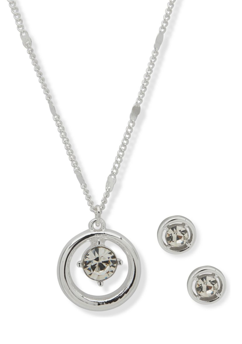 Silver Tone Crystal Floating Necklace and Earrings Set
