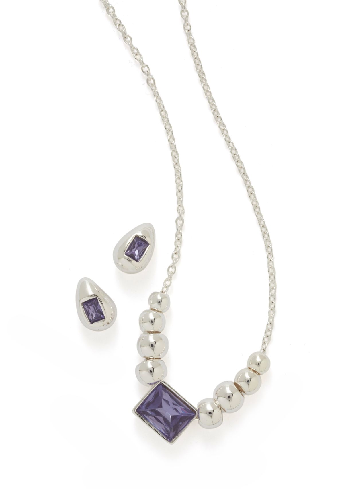 Silver Tone Purple Necklace and Earring Set