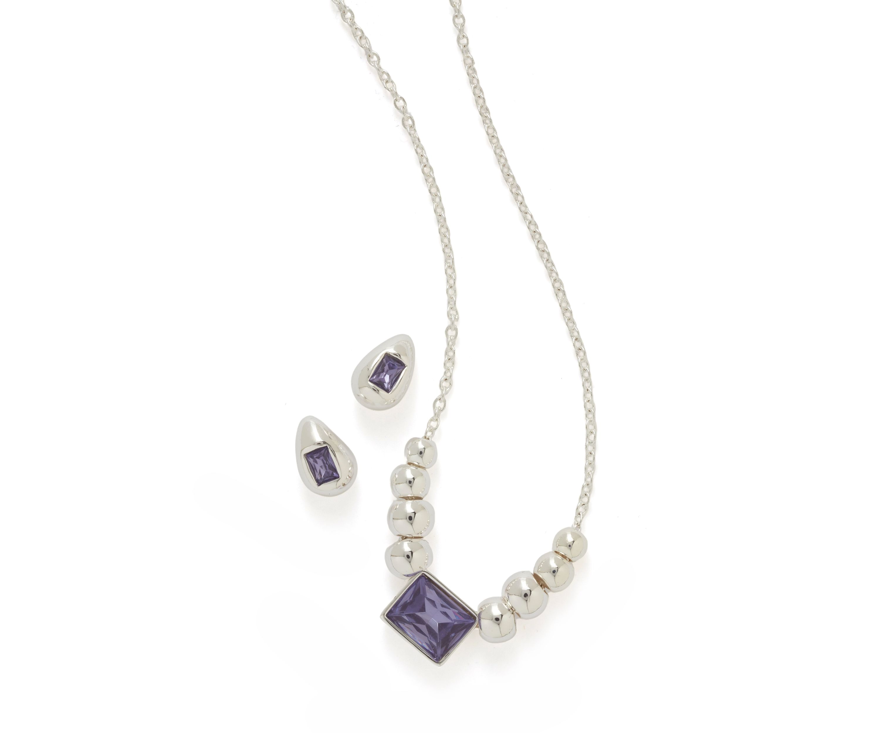 Silver Tone Purple Necklace and Earring Set