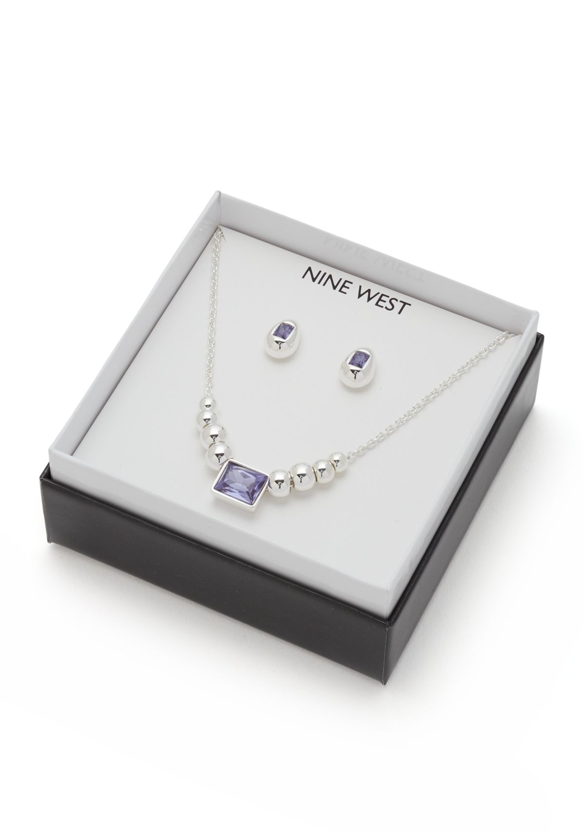 Silver Tone Purple Necklace and Earring Set