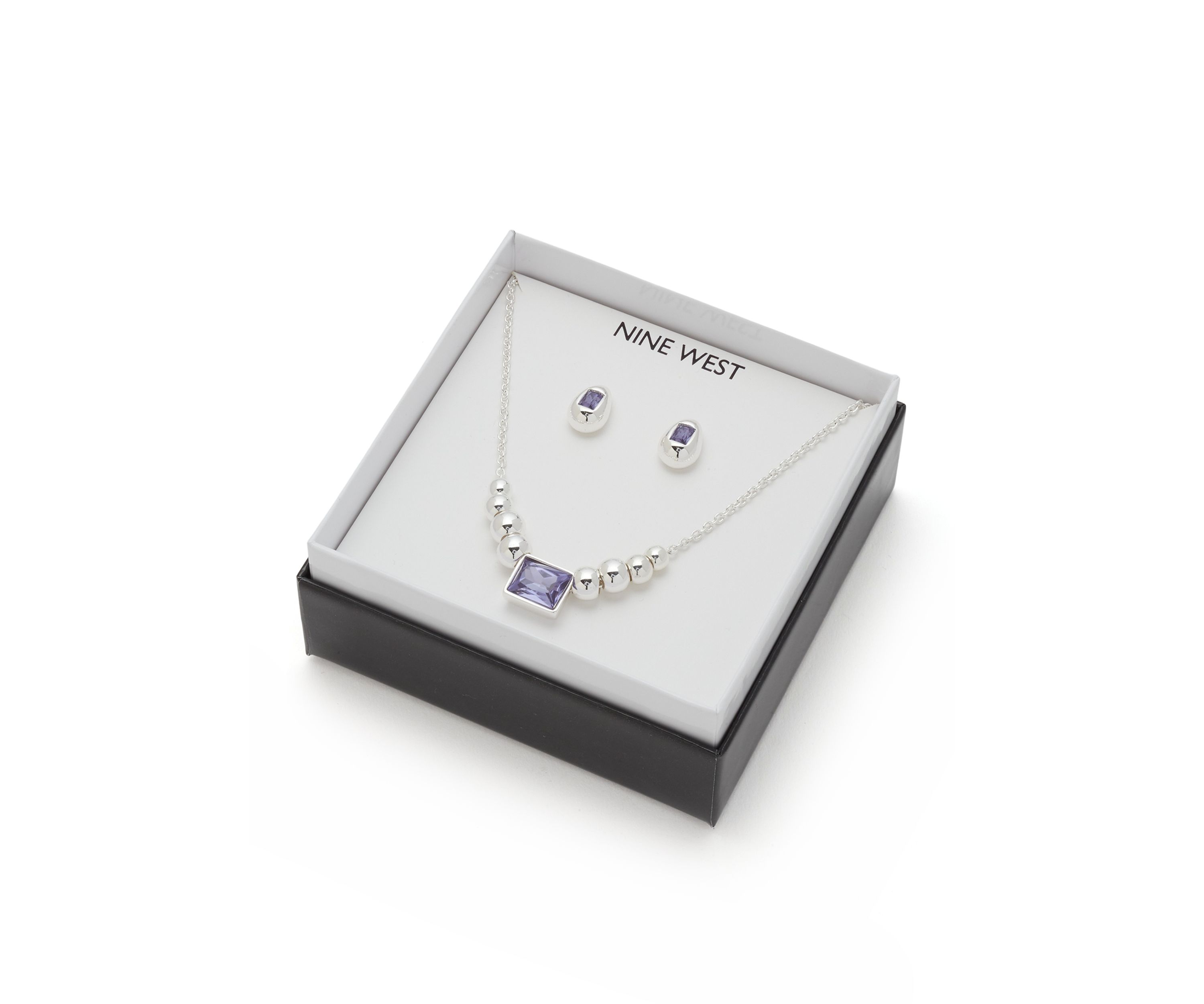 Silver Tone Purple Necklace and Earring Set