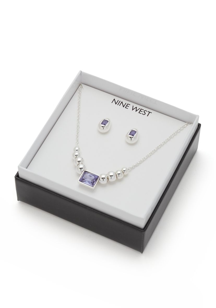 Silver Tone Purple Necklace and Earring Set