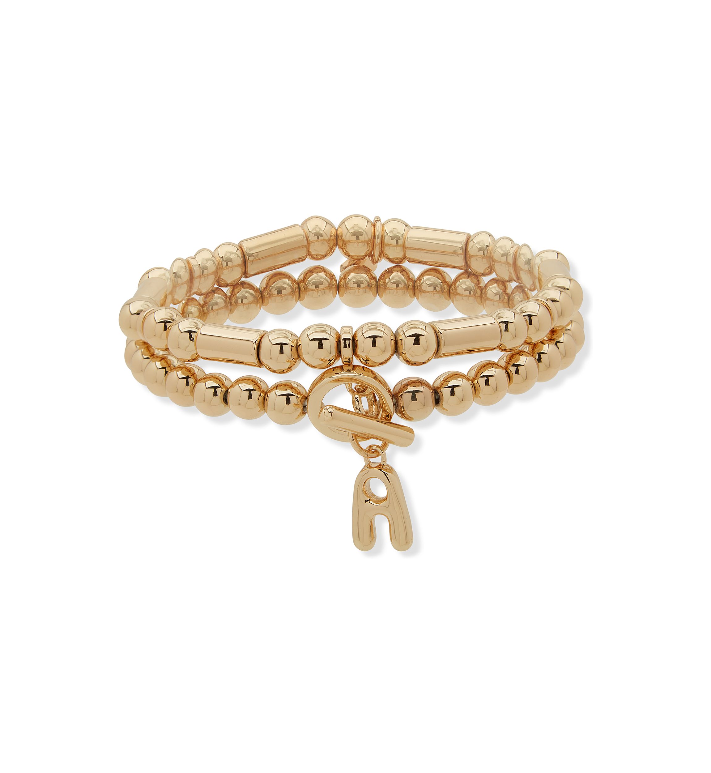 Gold Tone Puffy Initial Stretch Bracelet Set