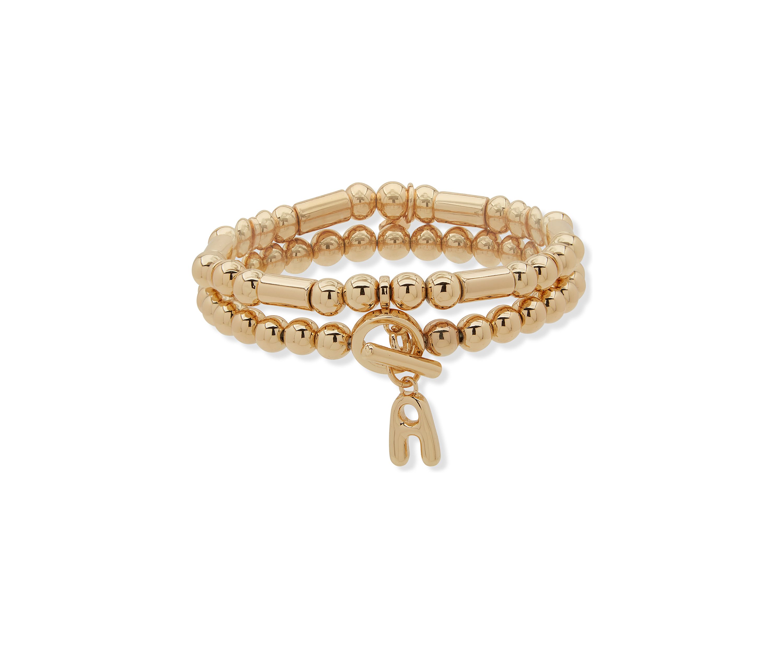 Gold Tone Puffy Initial Stretch Bracelet Set