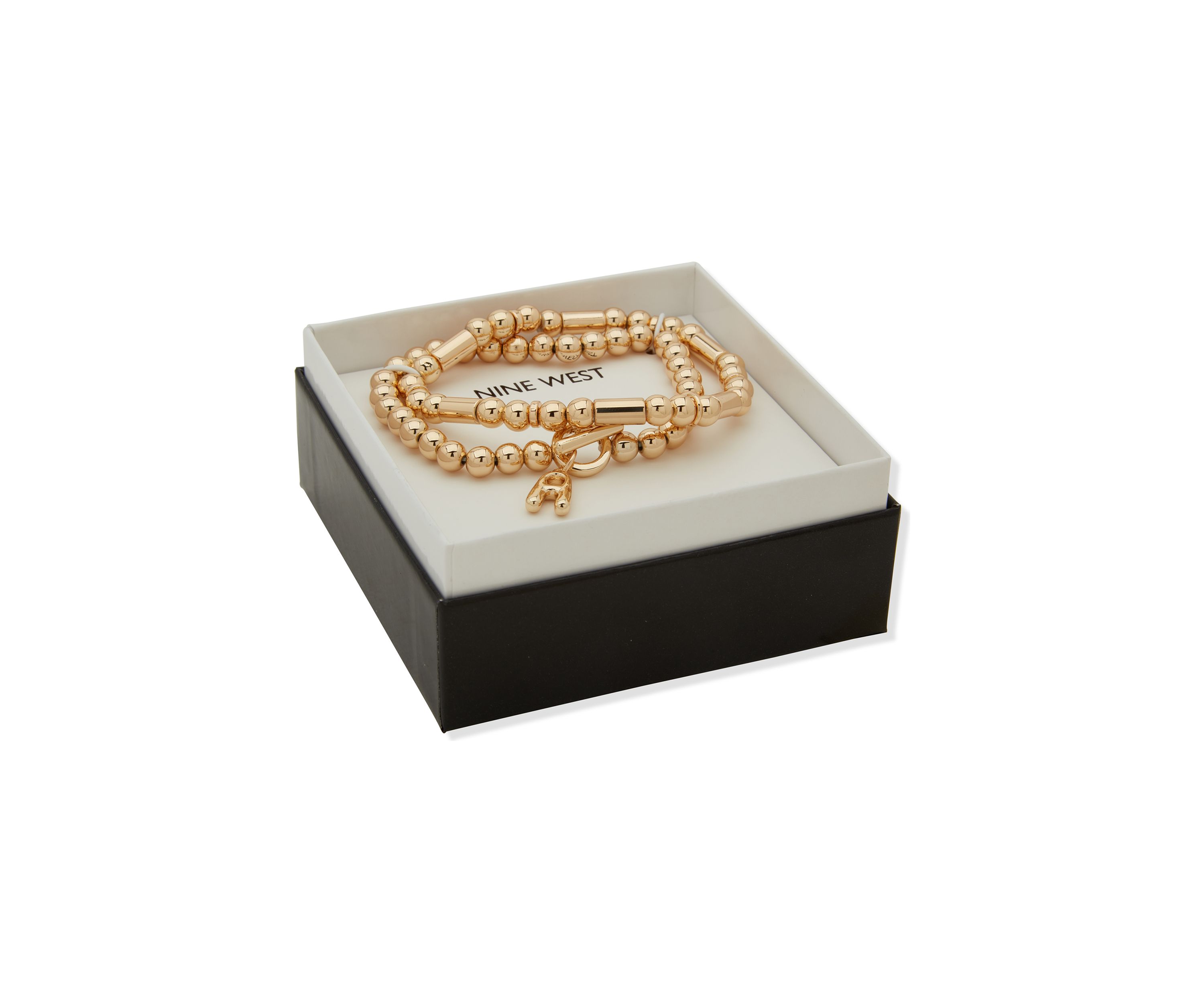 Gold Tone Puffy Initial Stretch Bracelet Set
