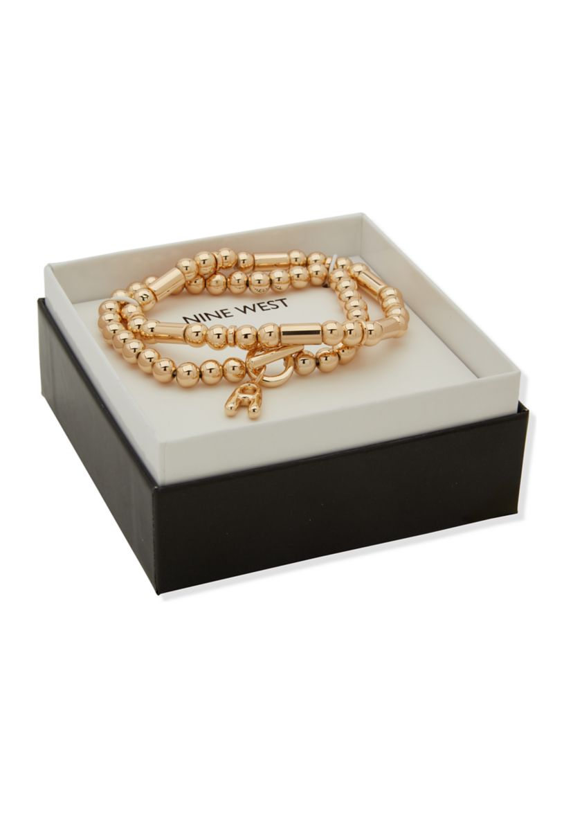 Gold Tone Puffy Initial Stretch Bracelet Set