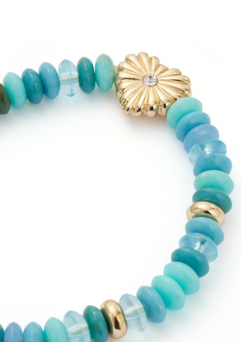Gold Tone Heart Blue Bead Stretch Bracelet