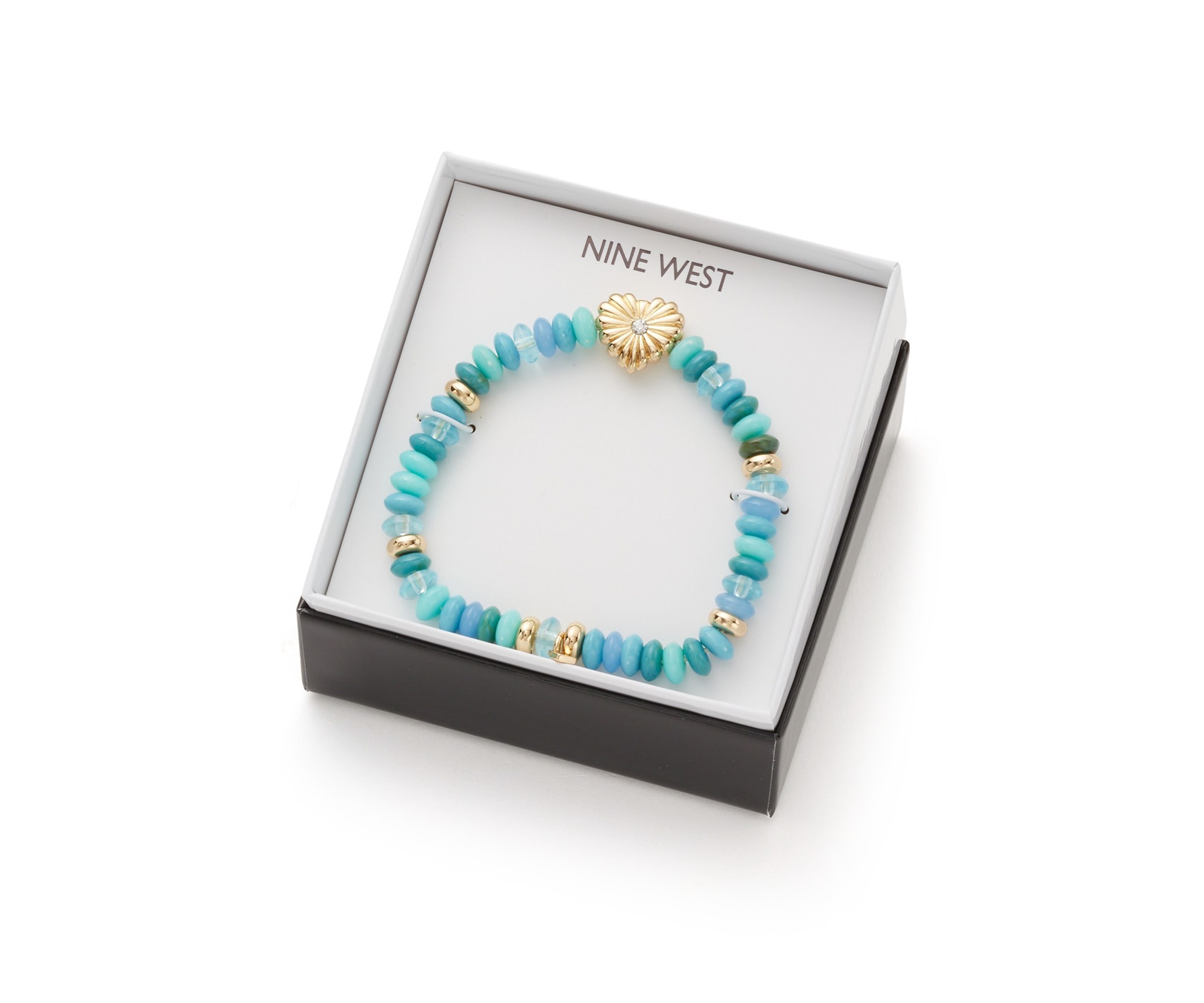 Gold Tone Heart Blue Bead Stretch Bracelet