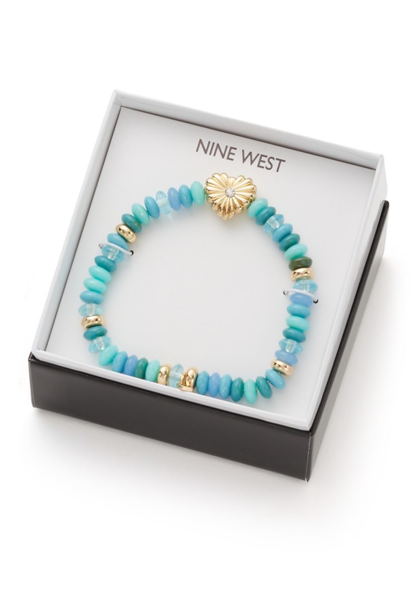 Gold Tone Heart Blue Bead Stretch Bracelet