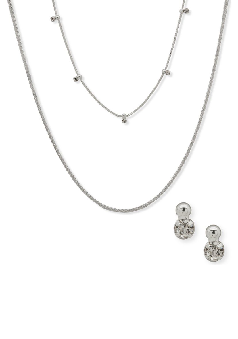 Silver Tone Crystal Necklace and Earrings Set