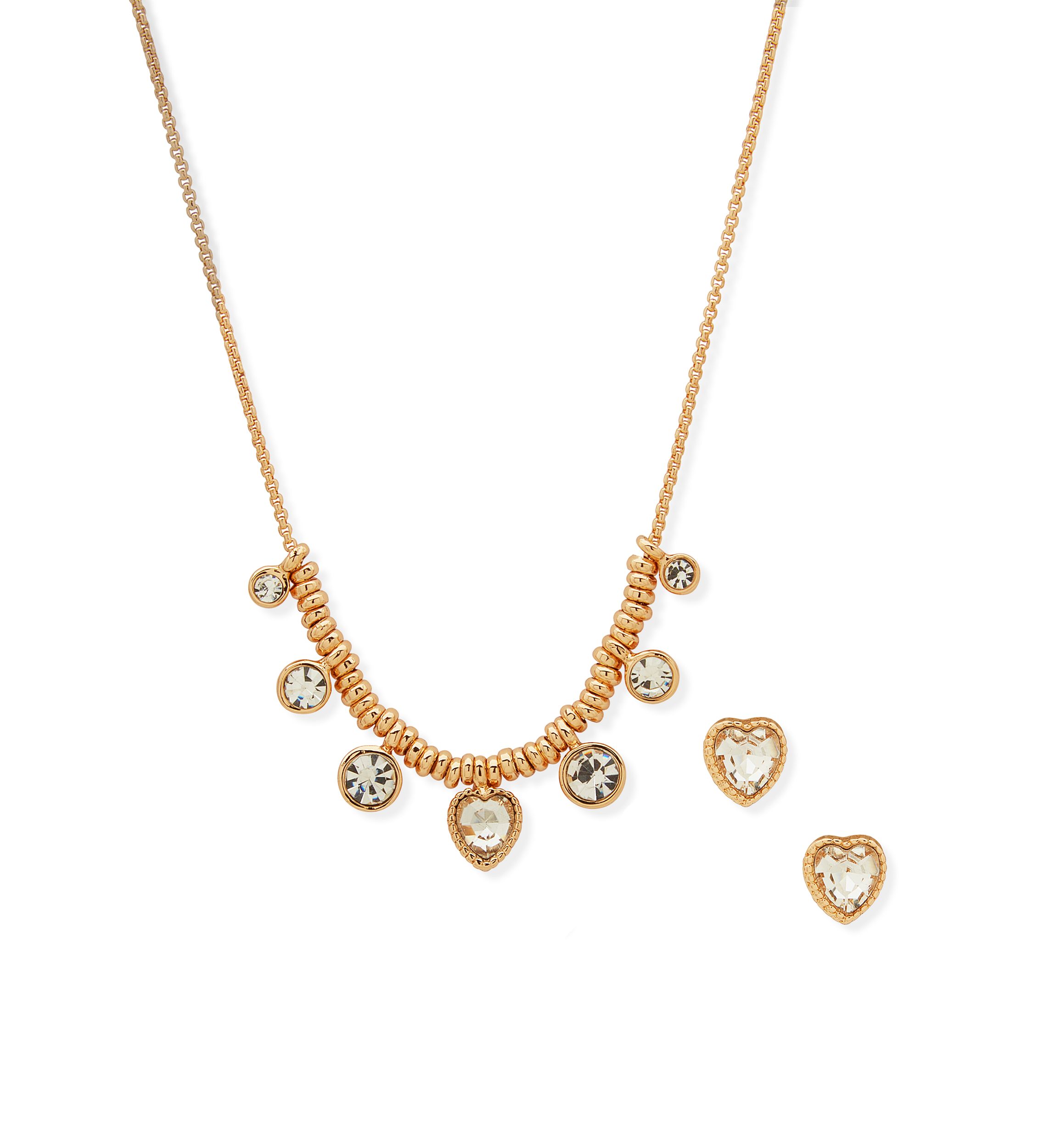Gold Tone Crystal Heart Necklace and Earrings Set