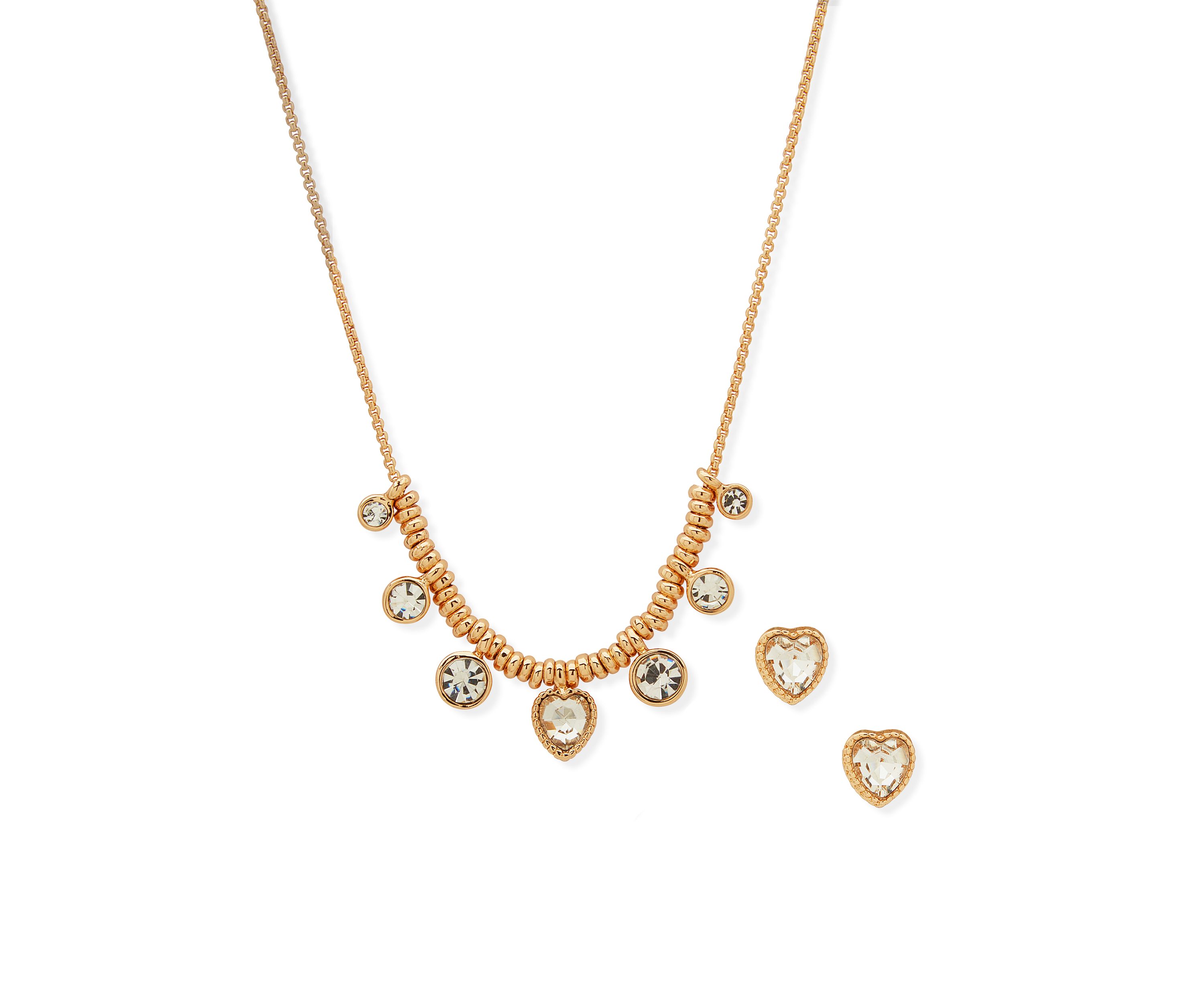 Gold Tone Crystal Heart Necklace and Earrings Set