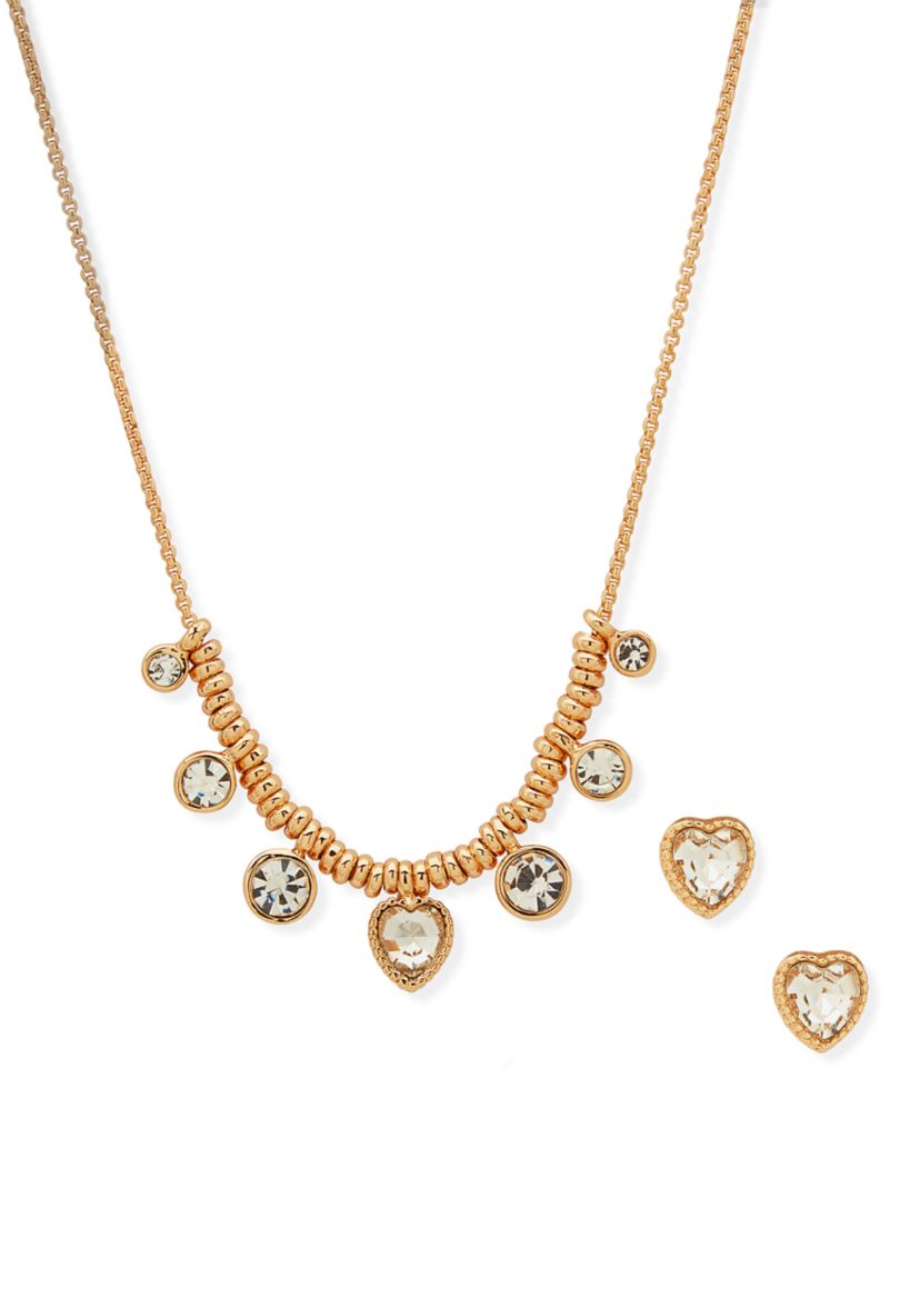 Gold Tone Crystal Heart Necklace and Earrings Set