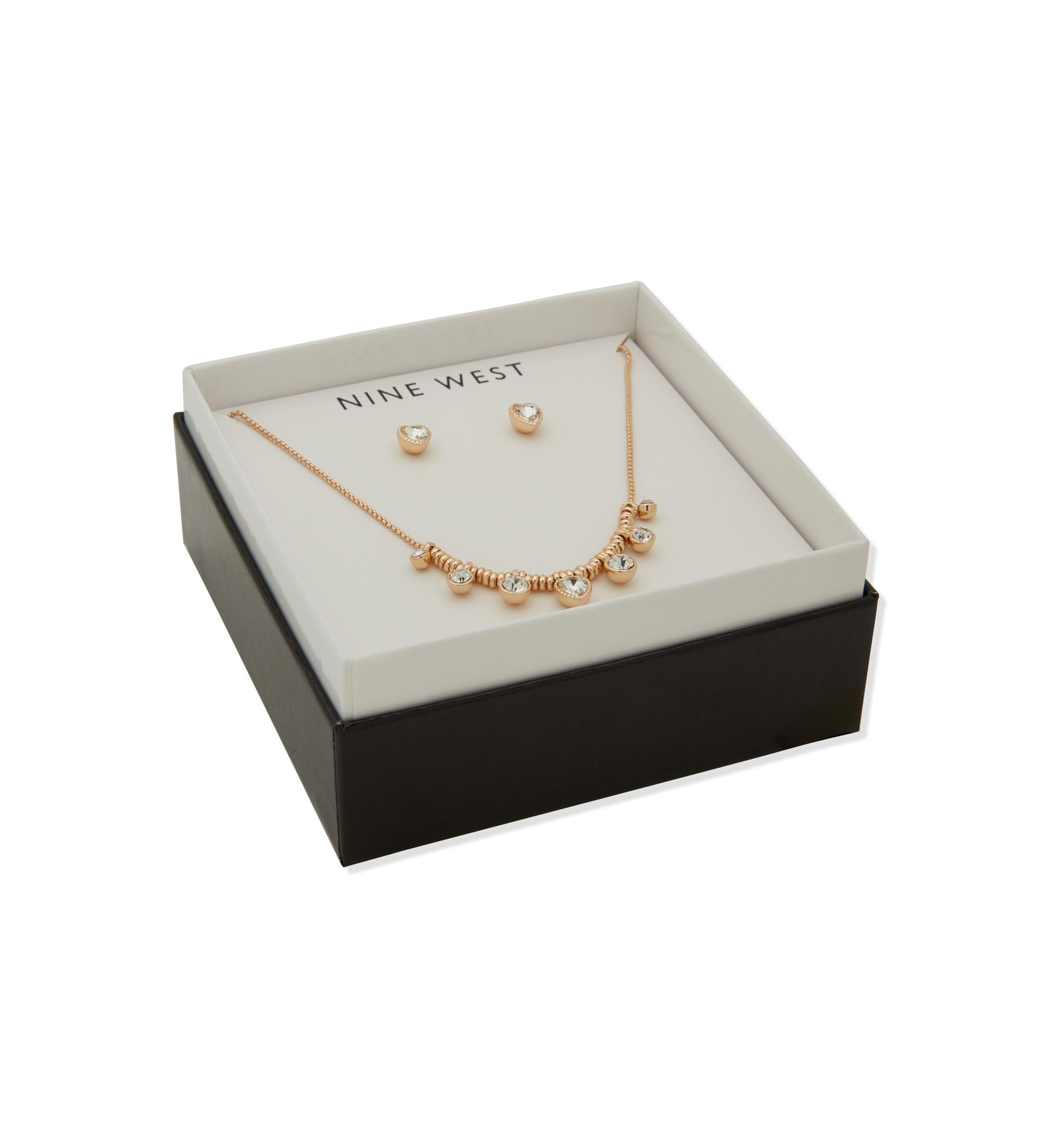 Gold Tone Crystal Heart Necklace and Earrings Set