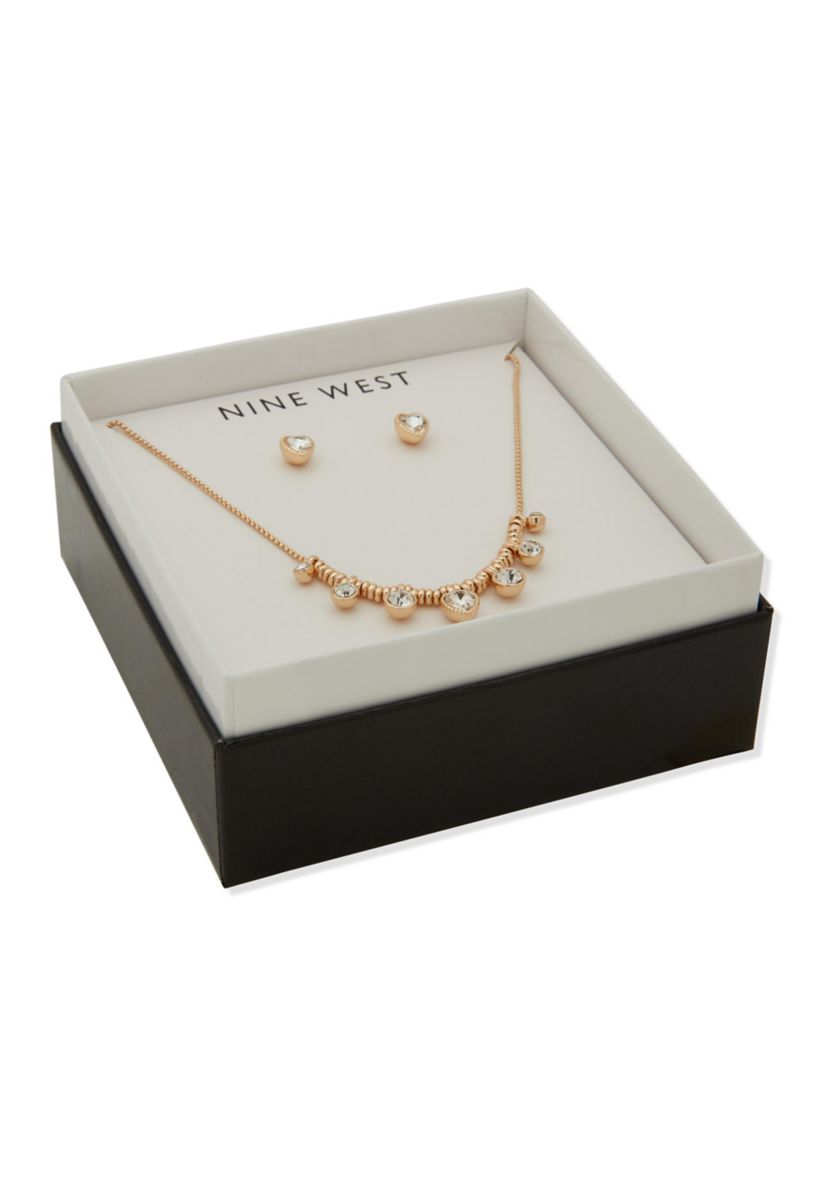 Gold Tone Crystal Heart Necklace and Earrings Set