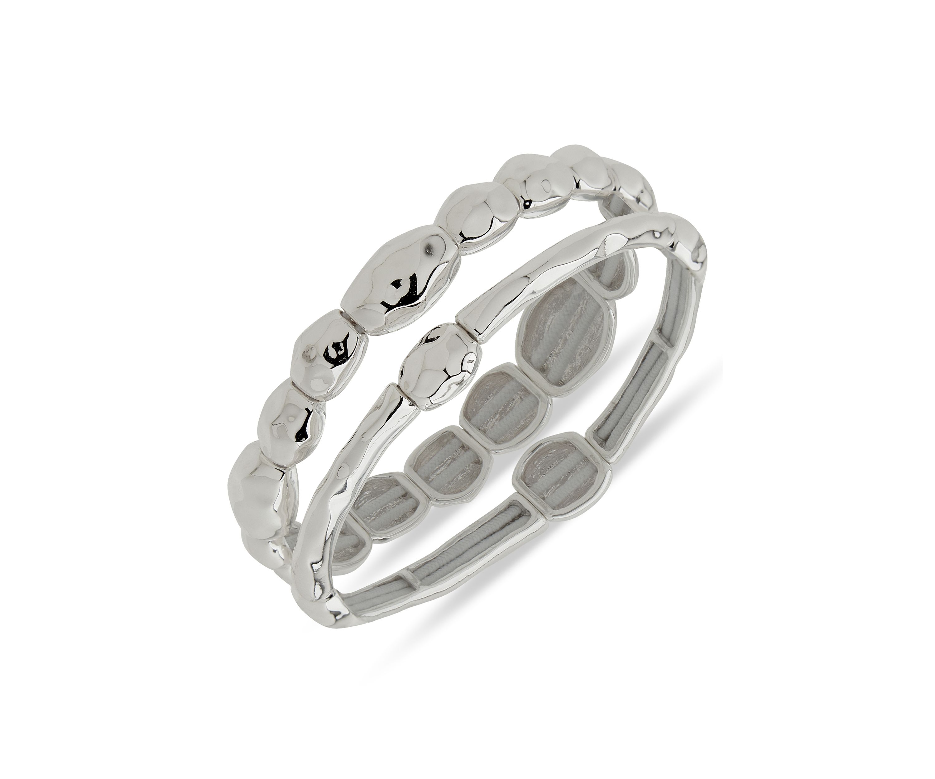 Silver Tone Organic Puffy 2 Row Stretch Bracelet Set