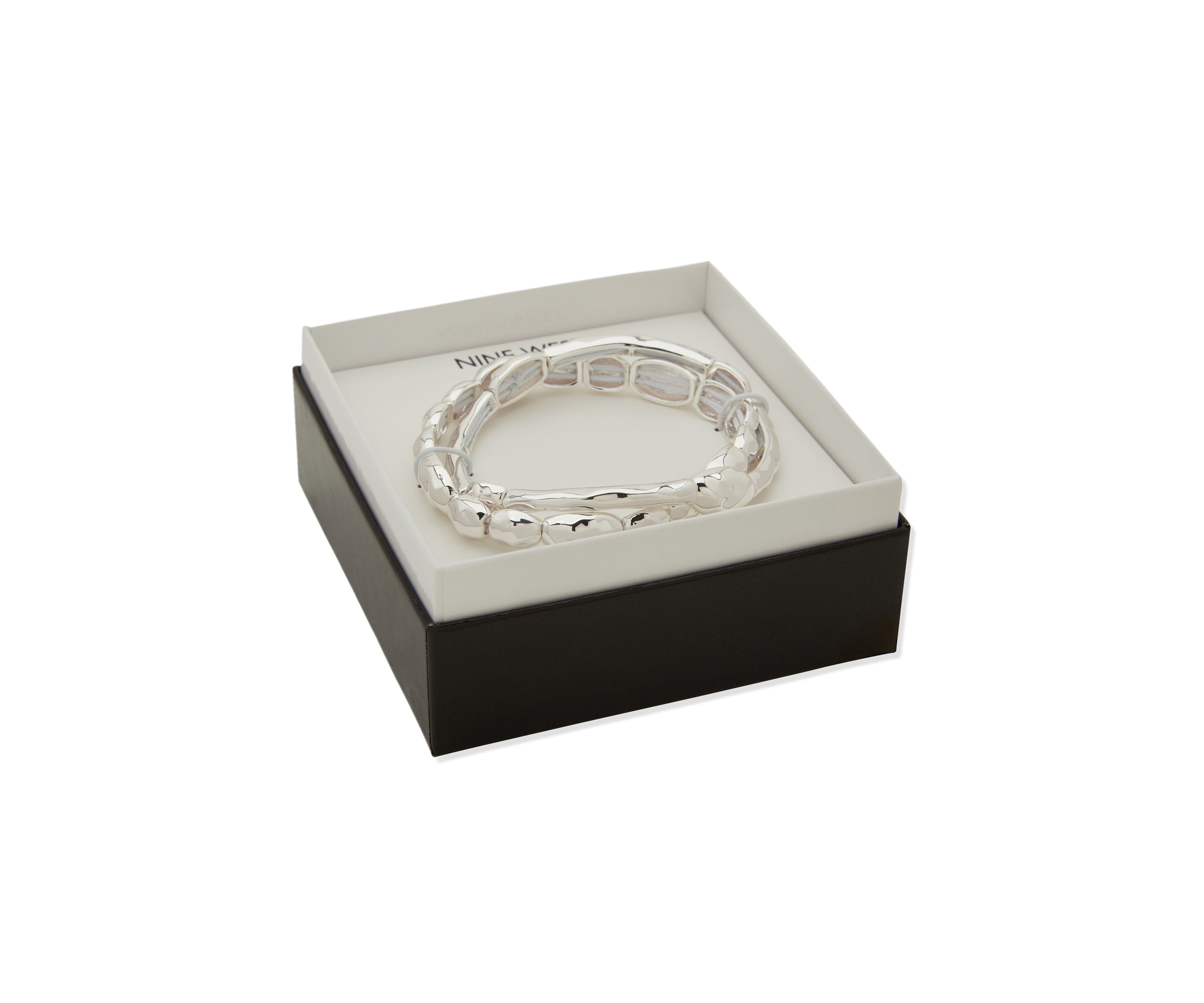 Silver Tone Organic Puffy 2 Row Stretch Bracelet Set