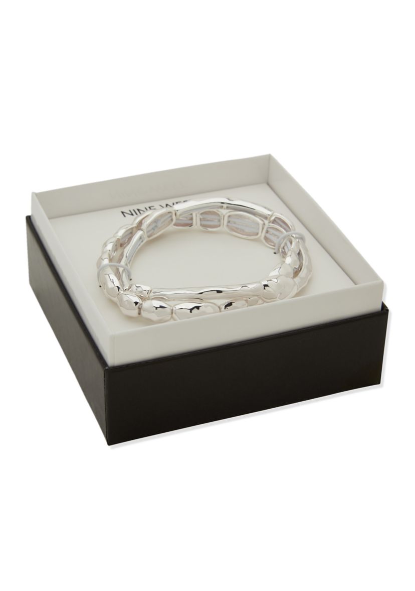 Silver Tone Organic Puffy 2 Row Stretch Bracelet Set