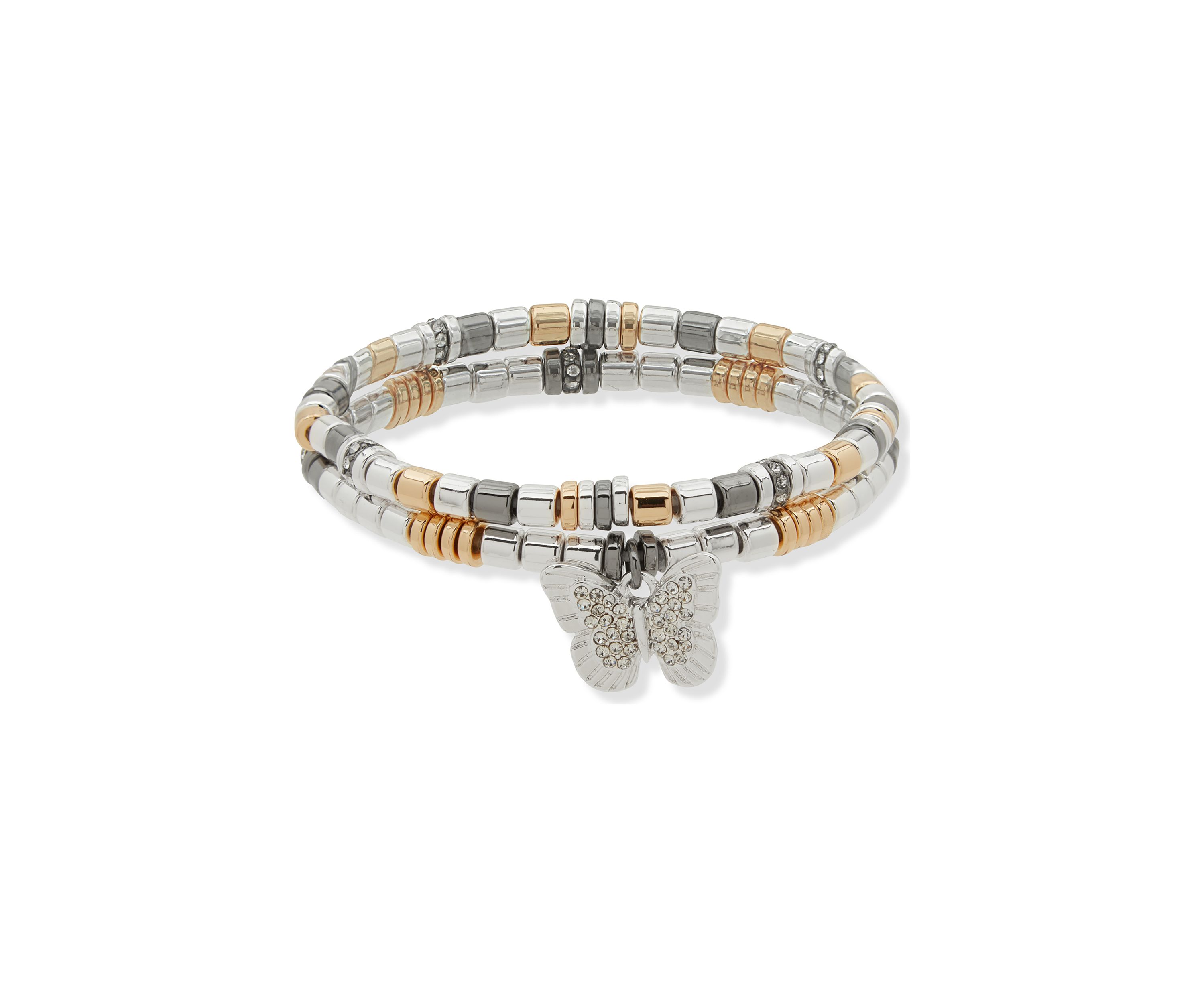 Tri Tone Crystal 2 Row Butterfly Stretch Bracelet Set