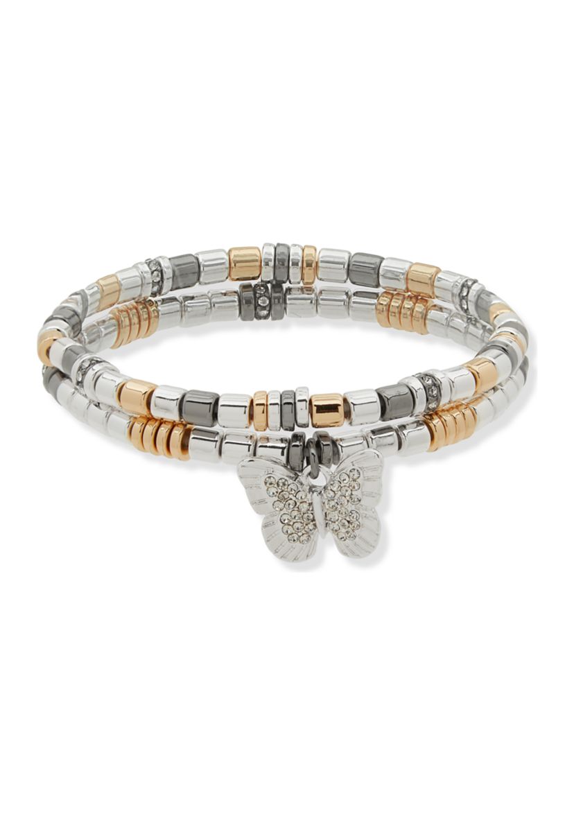Tri Tone Crystal 2 Row Butterfly Stretch Bracelet Set