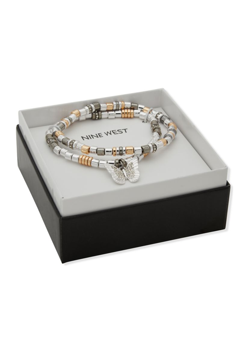 Tri Tone Crystal 2 Row Butterfly Stretch Bracelet Set