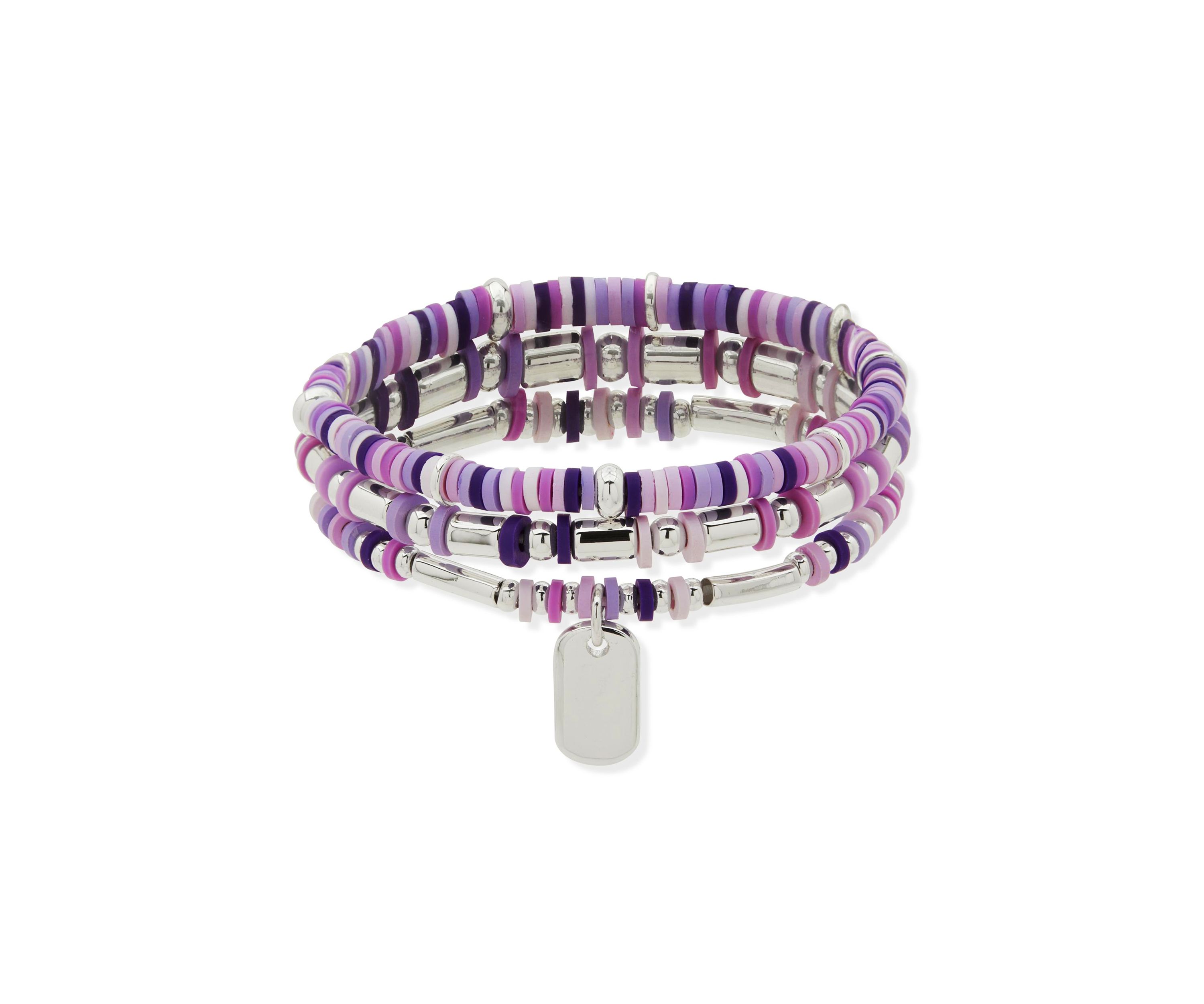 Silver Tone Purple 3 Row Bead Stretch Bracelet Set