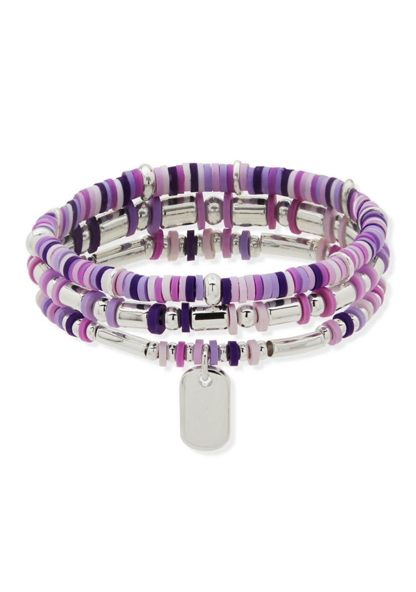 Silver Tone Purple 3 Row Bead Stretch Bracelet Set