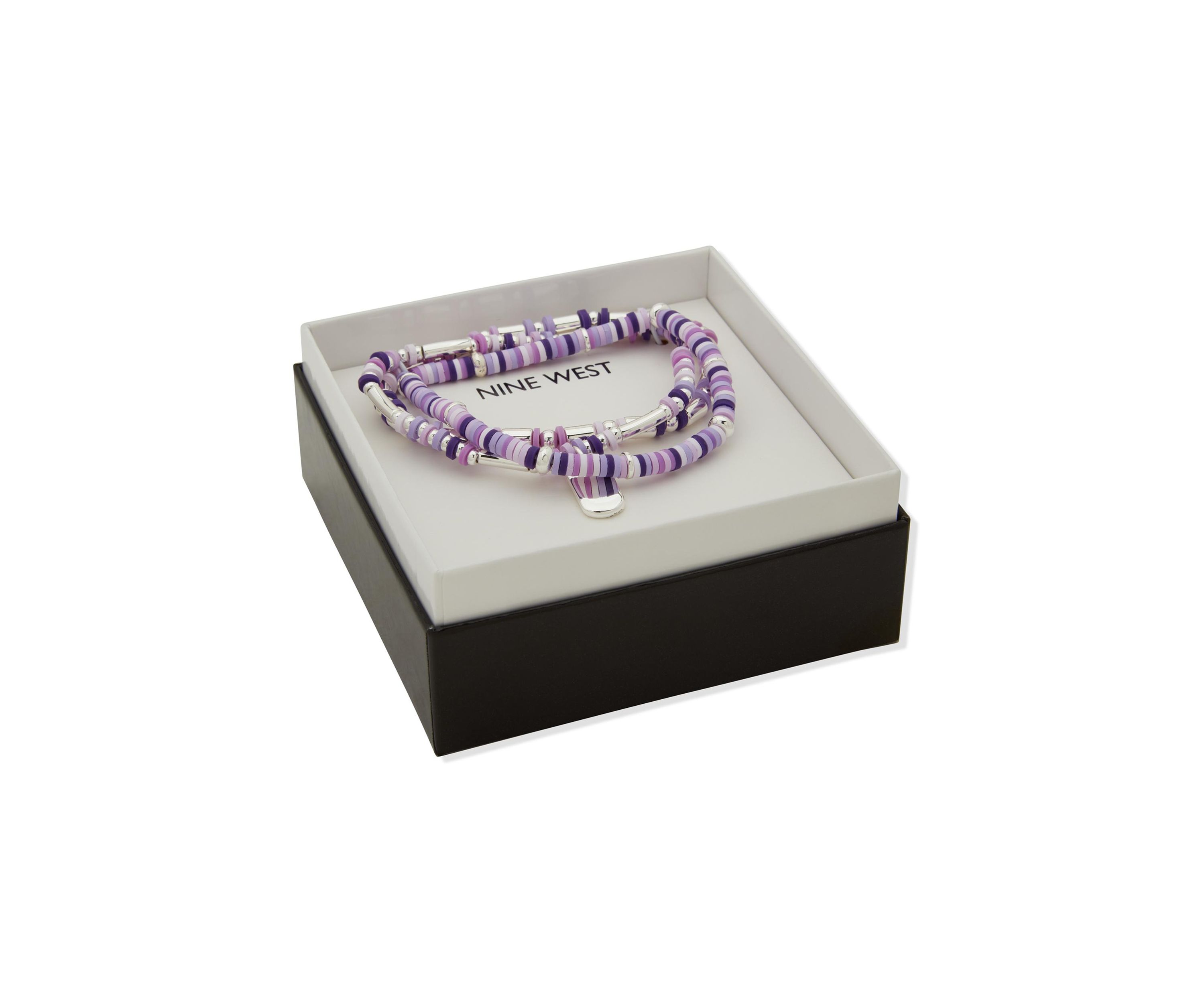 Silver Tone Purple 3 Row Bead Stretch Bracelet Set