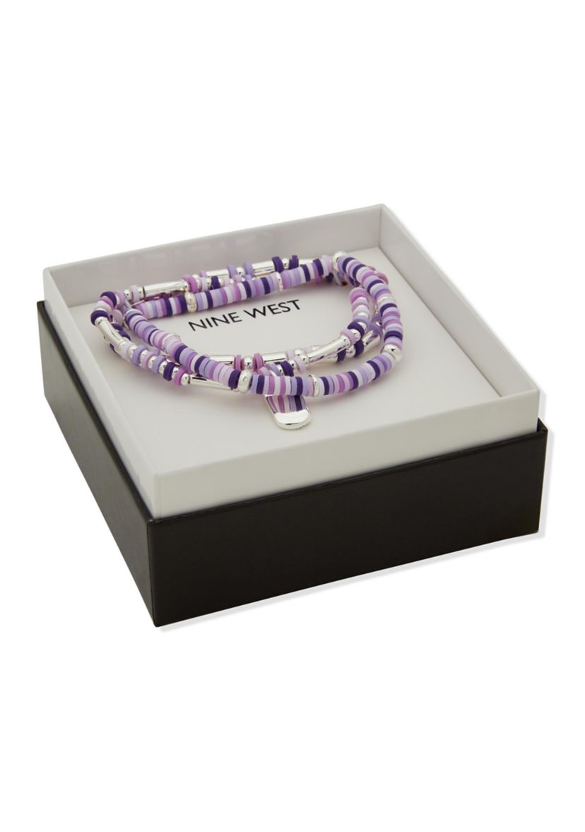 Silver Tone Purple 3 Row Bead Stretch Bracelet Set