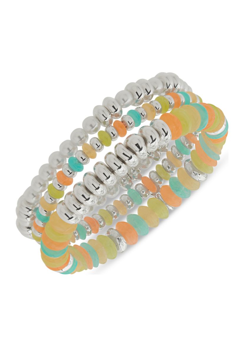 Silver Tone Multi 3 Row Cluster Stretch Bracelet Set