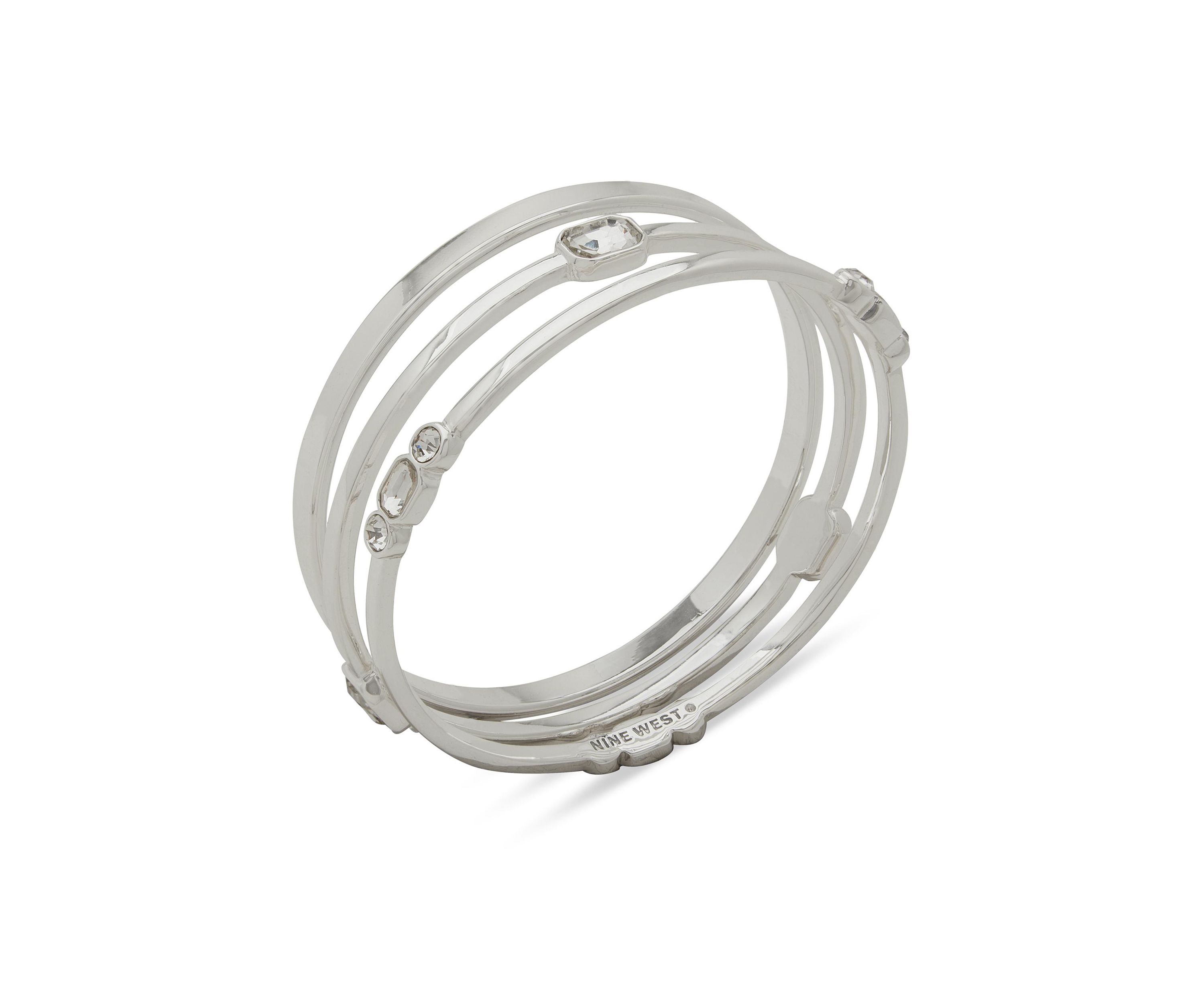 Silver Tone Crystal 3 Row Bangle Bracelet Set