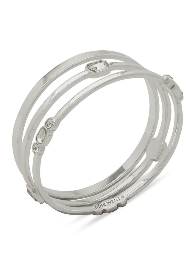 Silver Tone Crystal 3 Row Bangle Bracelet Set