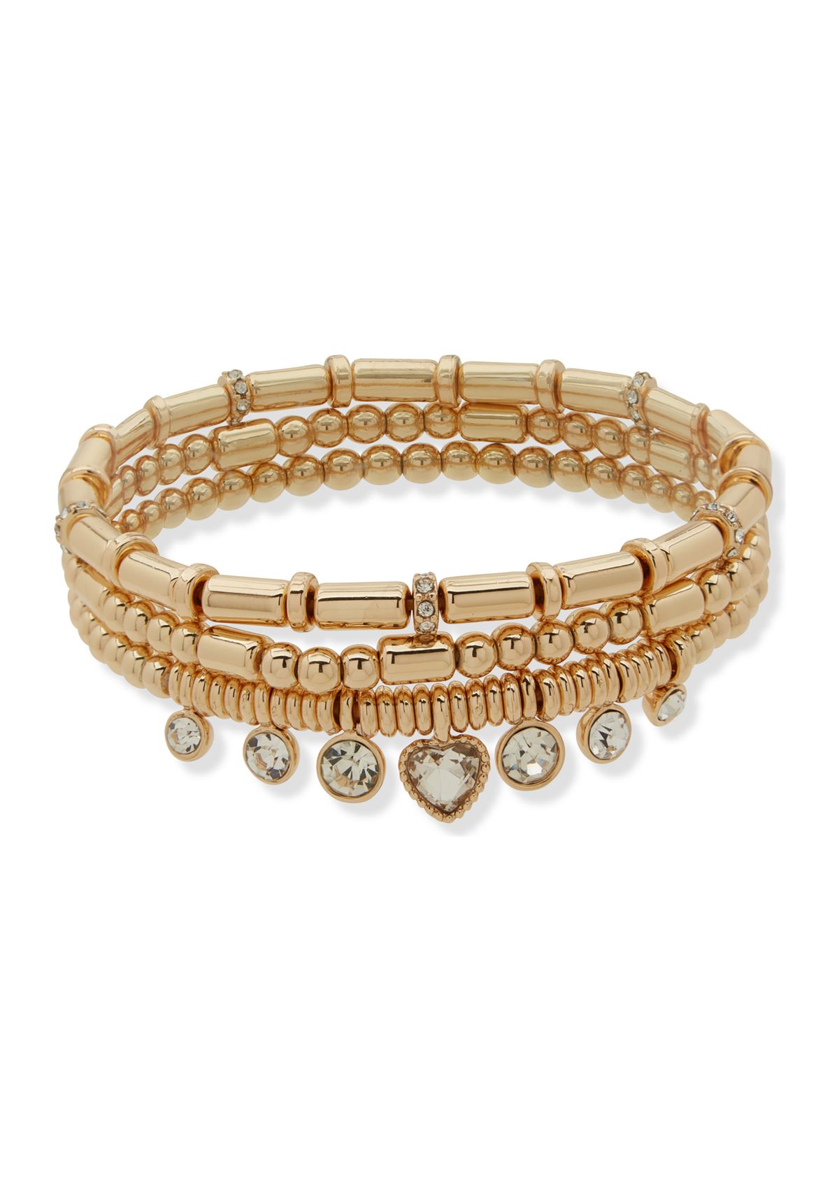 Gold Tone Crystal 3 Row Heart Stretch Bracelet Set