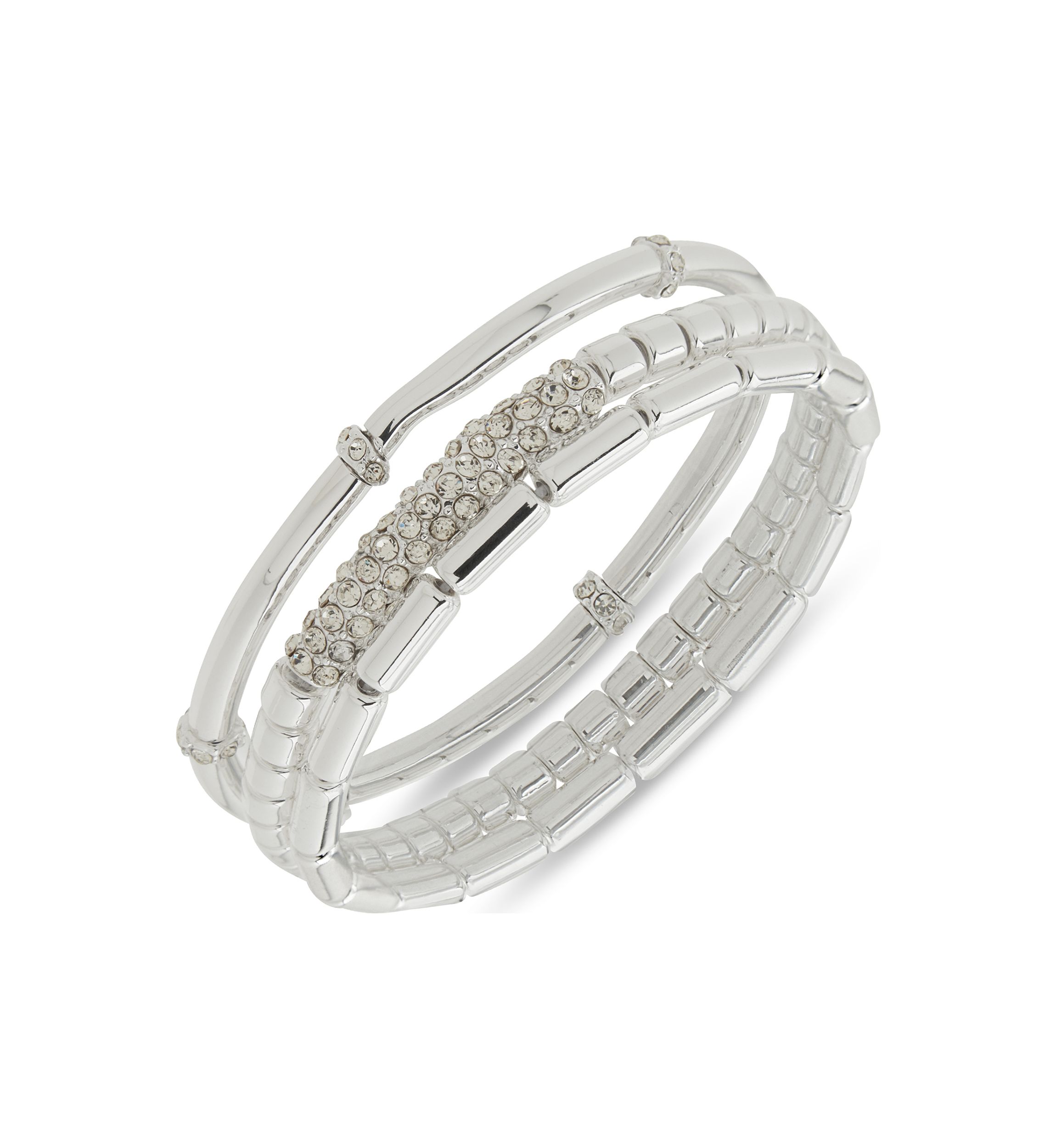 Silver Tone 3 Row Pave Stretch Bracelet Set