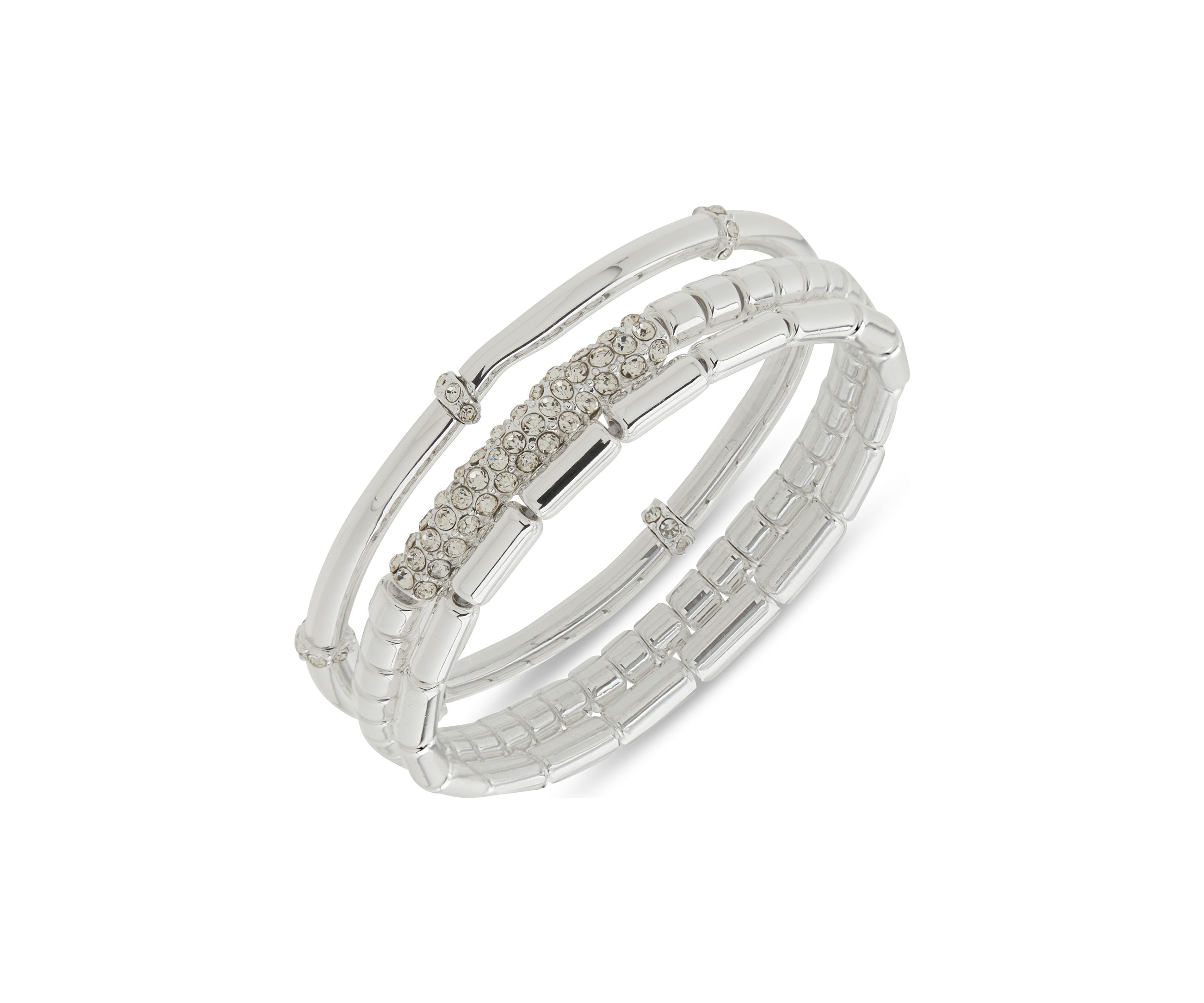 Silver Tone 3 Row Pave Stretch Bracelet Set