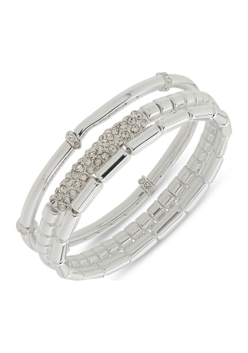 Silver Tone 3 Row Pave Stretch Bracelet Set