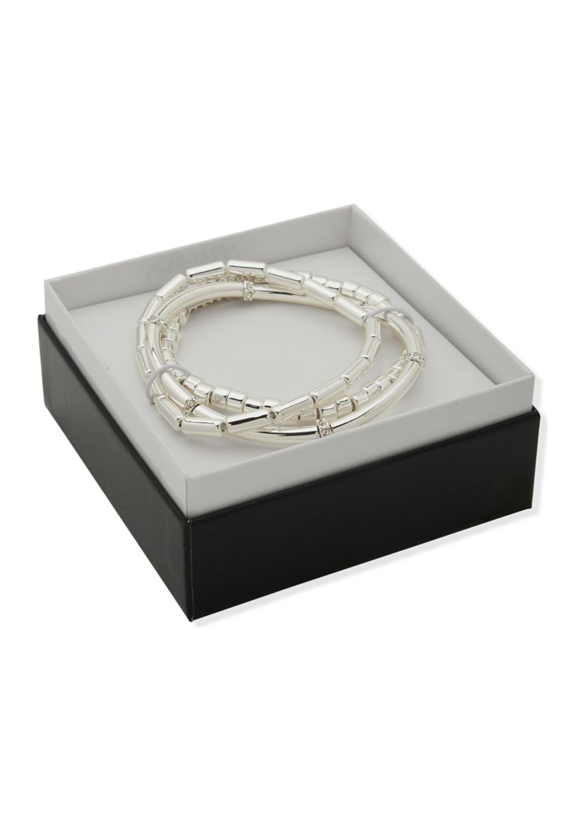 Silver Tone 3 Row Pave Stretch Bracelet Set