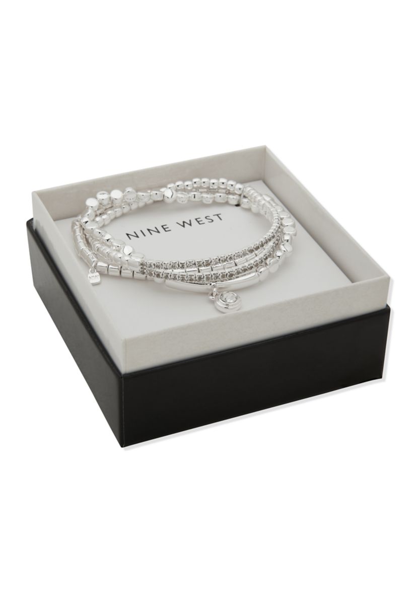 Silver Tone Beaded Stretch Bracelet Set 