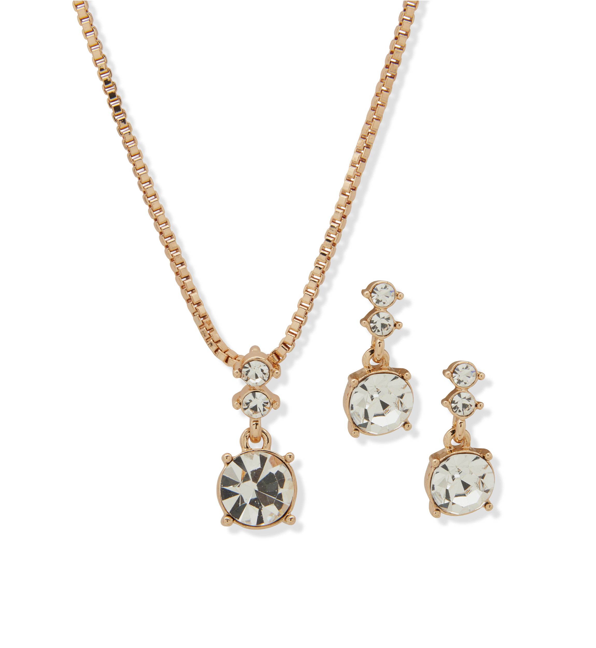 Gold Tone Gem Drop Earrings and Pendant Necklace Set