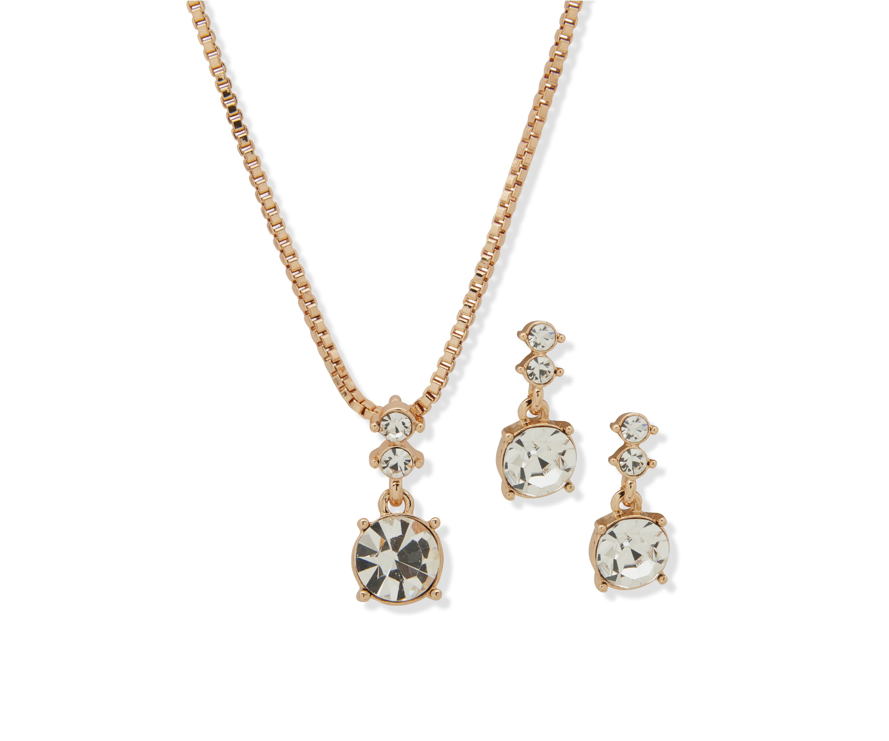 Gold Tone Gem Drop Earrings and Pendant Necklace Set