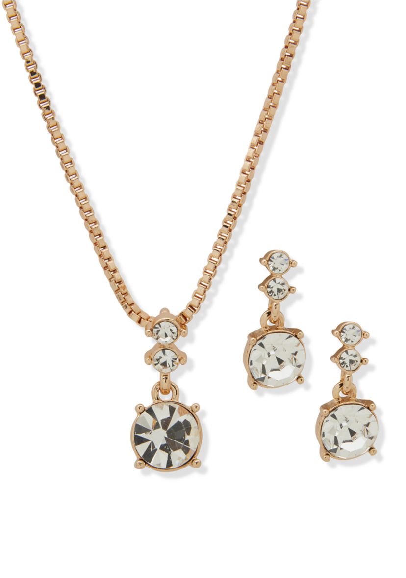 Gold Tone Gem Drop Earrings and Pendant Necklace Set