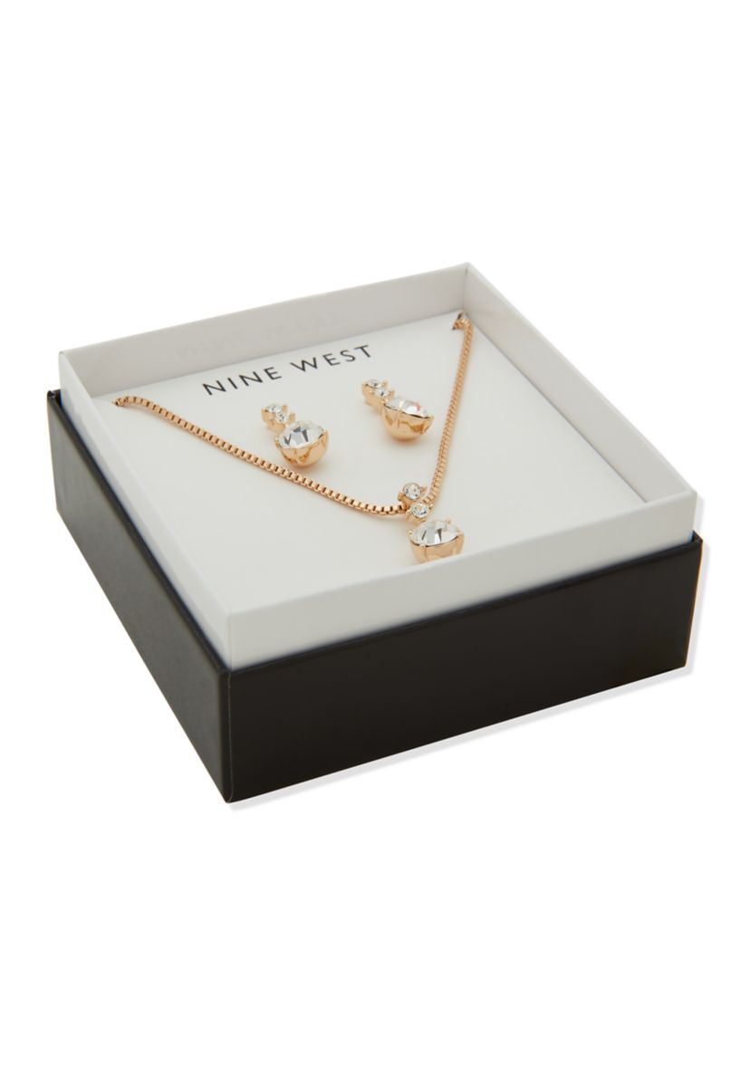 Gold Tone Gem Drop Earrings and Pendant Necklace Set
