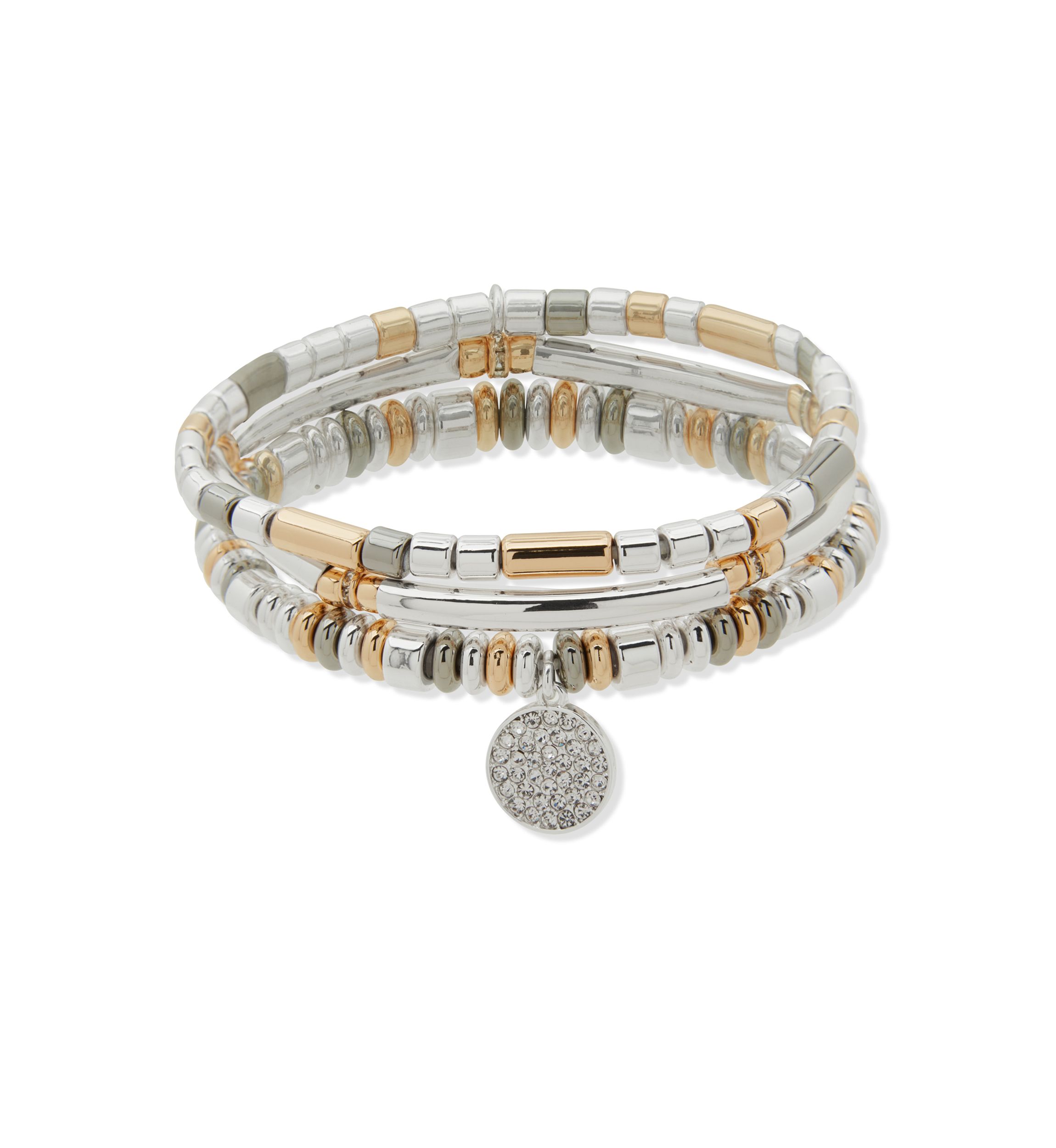 Tri Tone Multi Pave Charm Stretch Bracelet Set