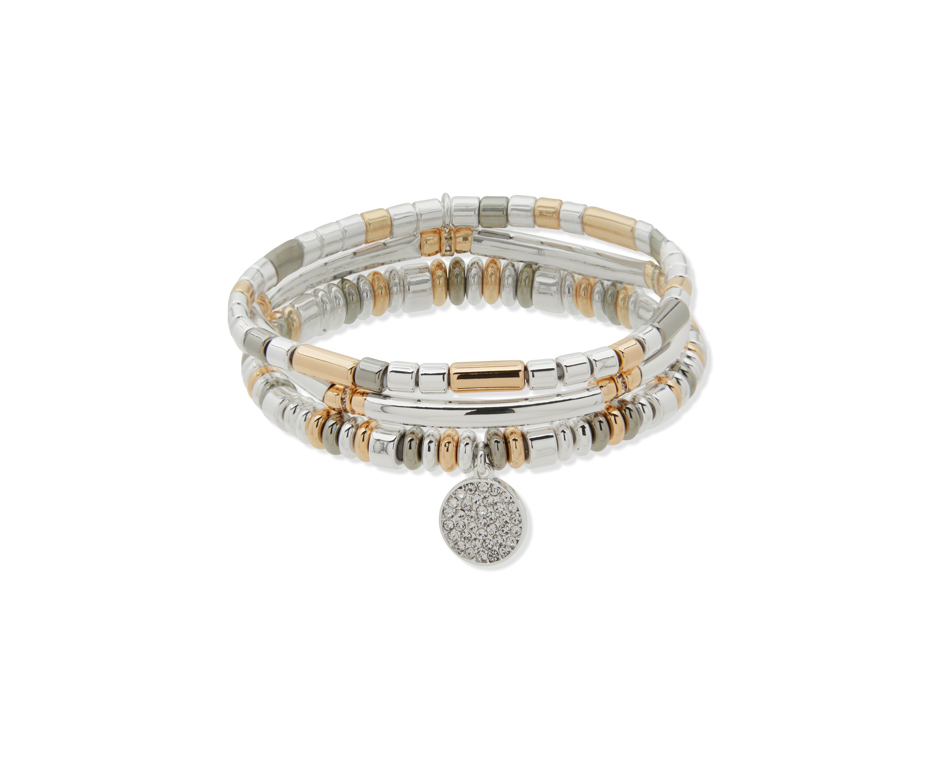 Tri Tone Multi Pave Charm Stretch Bracelet Set