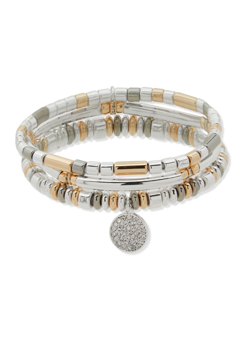 Tri Tone Multi Pave Charm Stretch Bracelet Set