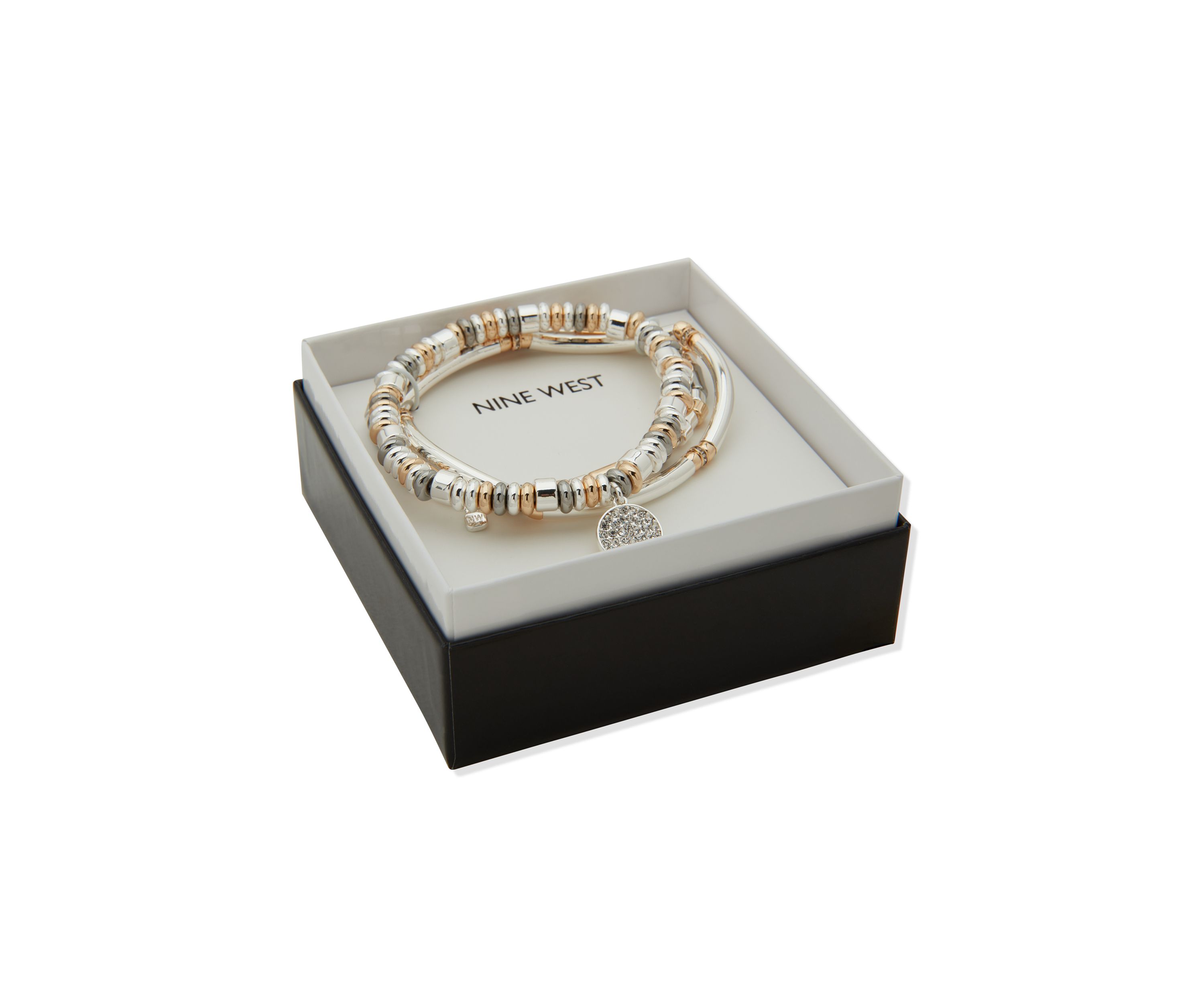 Tri Tone Multi Pave Charm Stretch Bracelet Set