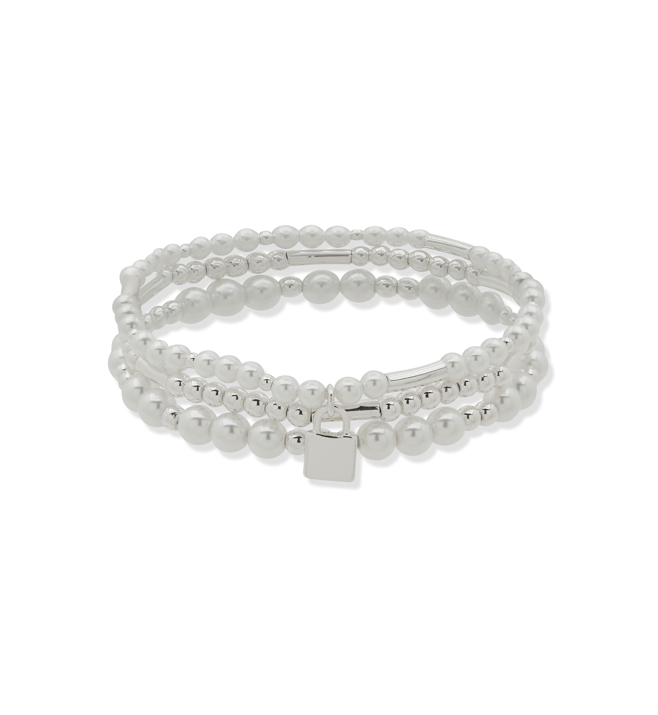 Three Silver Tone Pearl Stretch Bracelets