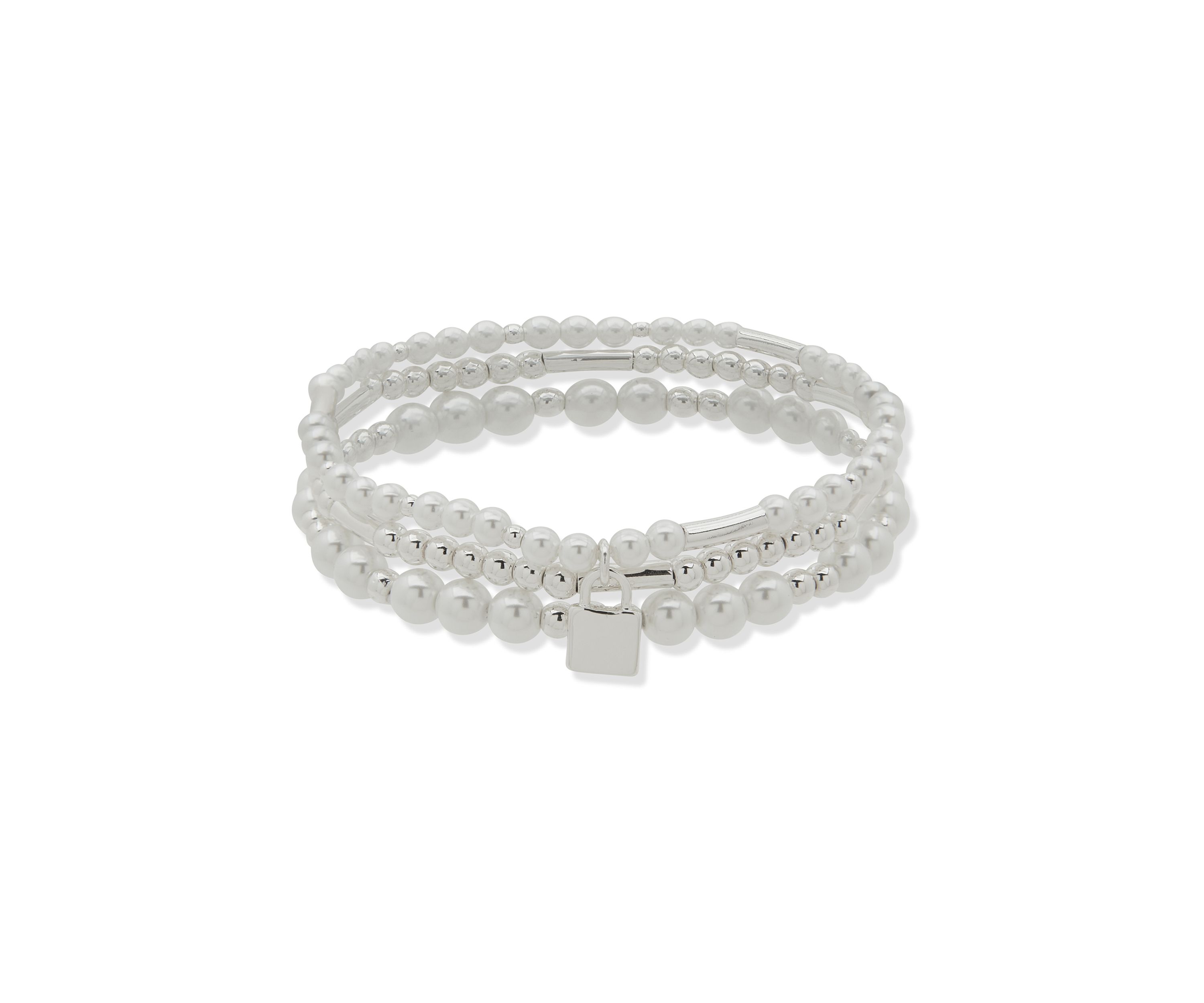 Three Silver Tone Pearl Stretch Bracelets